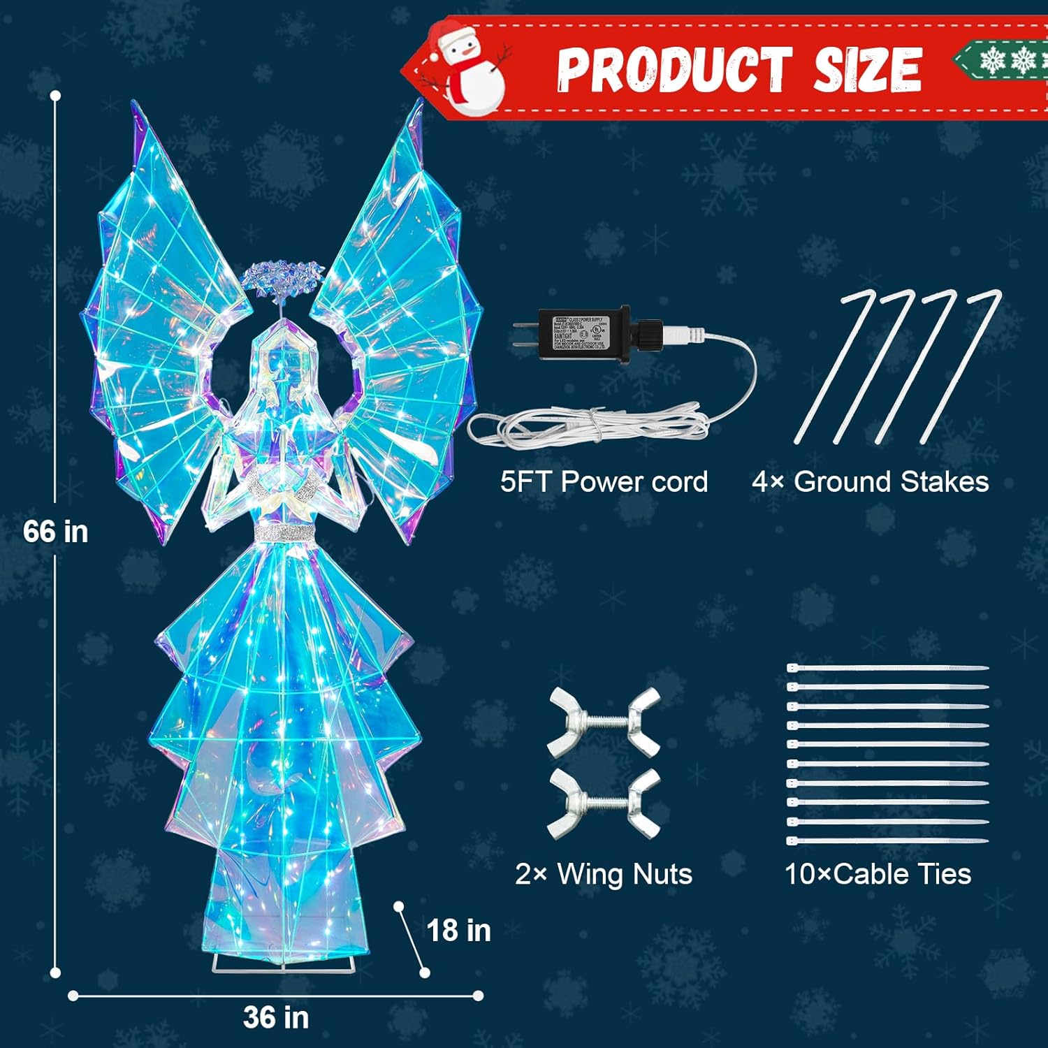 5.5FT Pre-lit Lighted Angel, Prismatic Iridescent Angel Outdoor Christmas Decorations with 110 LED Lights, Plug-in Giant Xmas Angel for Yard, Garden, Porch, Outdoor Holiday Decor